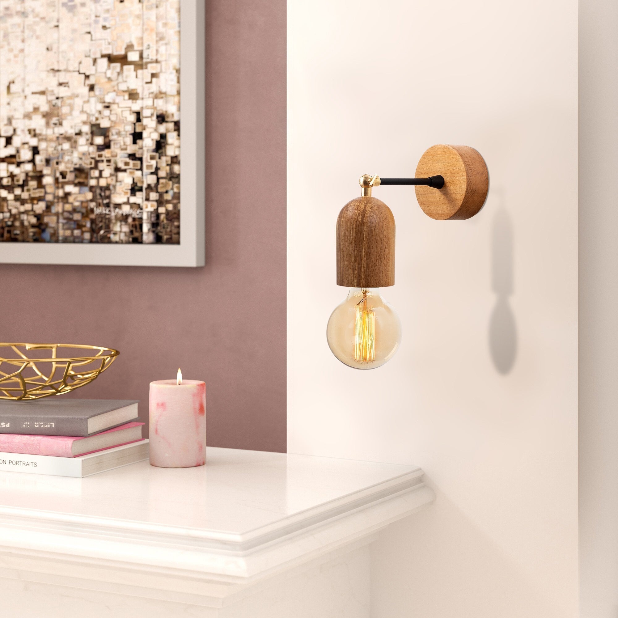 Candeeiro de Parede rústica moderna, corpo de madeira, 20 cm de altura, 7 cm de diâmetro | Soquete E27, máx. 40 W | Design escandinavo elegante para casa e escritório