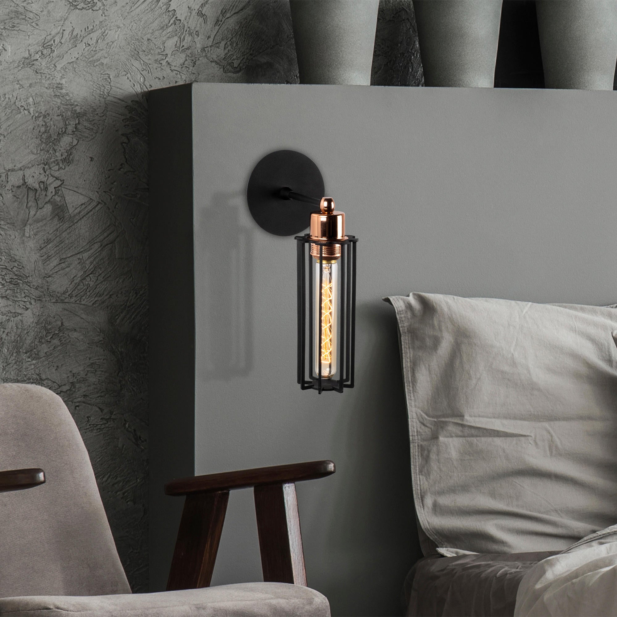 Candeeiro de Parede Preta Moderna, Corpo de Metal, 30 cm de Altura, 8 cm de Diâmetro, Soquete E27, IP20 | Design Industrial Elegante para Decoração de Casa e Hotel