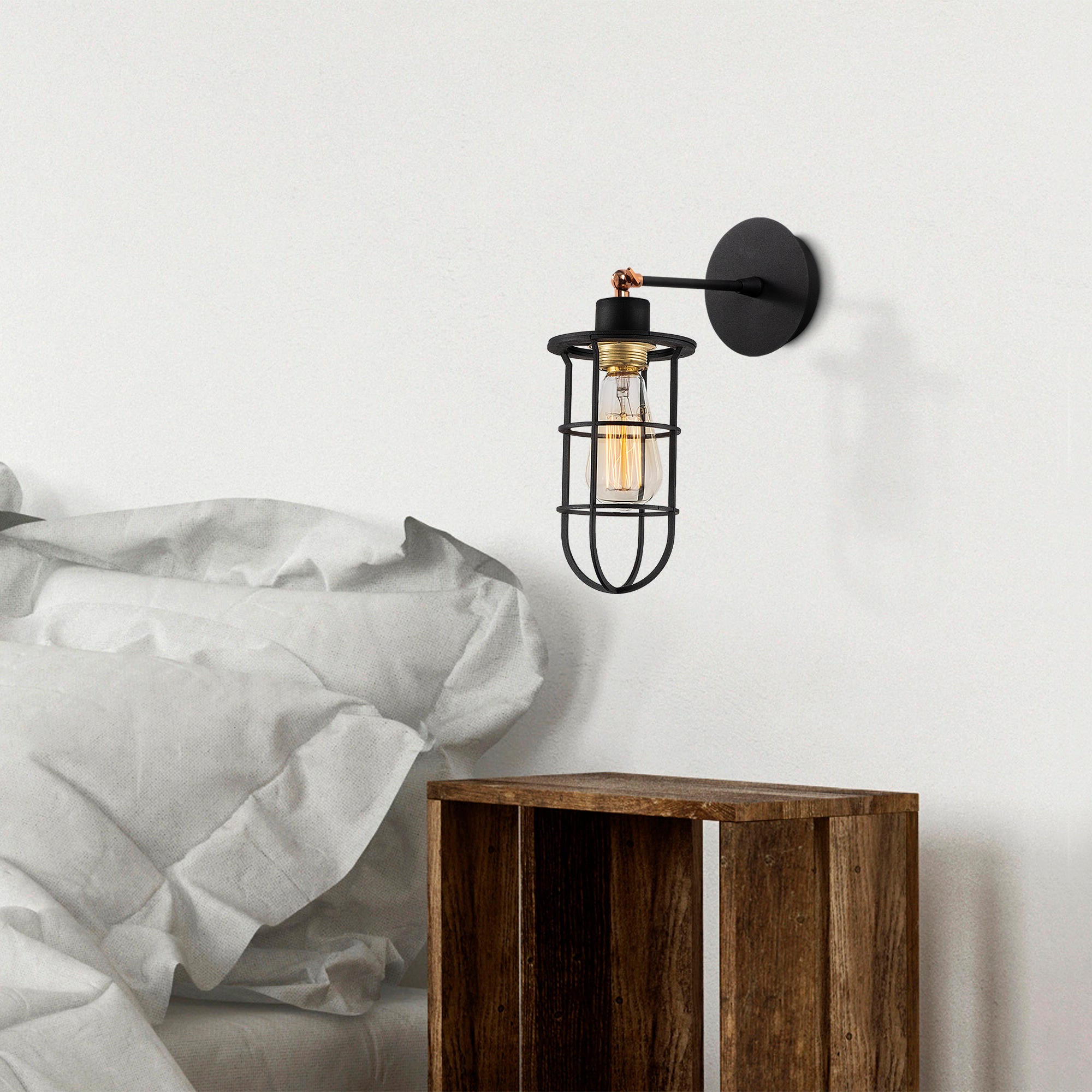 Candeeiro de Parede Industrial Moderna, Preta e Dourada, 12 cm de Diâmetro, 30 cm de Altura | Corpo em Metal, Soquete E27, Máx. 40 W | Iluminação Elegante para Casa e Escritório