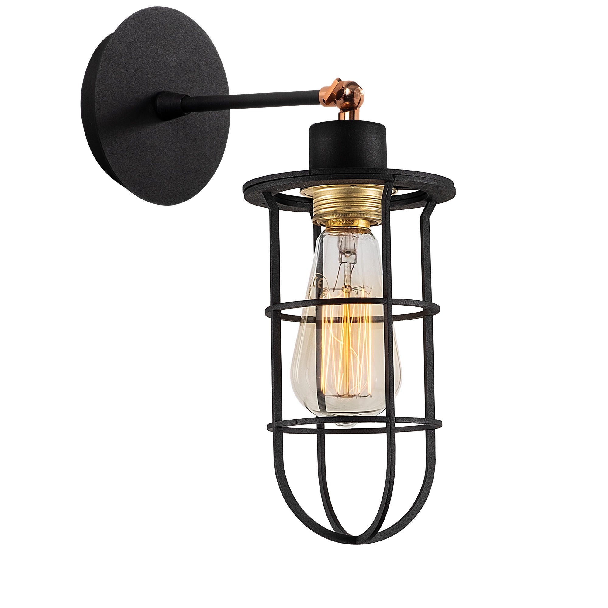 Candeeiro de Parede Industrial Moderna, Preta e Dourada, 12 cm de Diâmetro, 30 cm de Altura | Corpo em Metal, Soquete E27, Máx. 40 W | Iluminação Elegante para Casa e Escritório