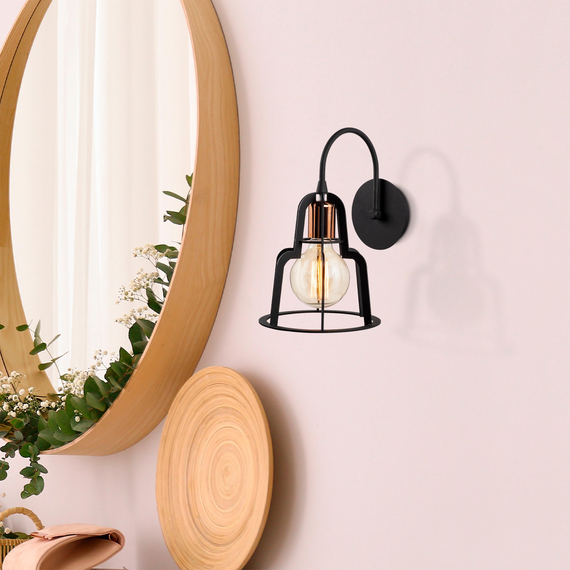 Candeeiro de Parede Industrial, Preto e Bronze, 20 cm de Diâmetro, 31 cm de Altura | Corpo em Metal, Soquete E27, Máx. 40 W | Iluminação Elegante para Espaços Modernos, Classificação IP20