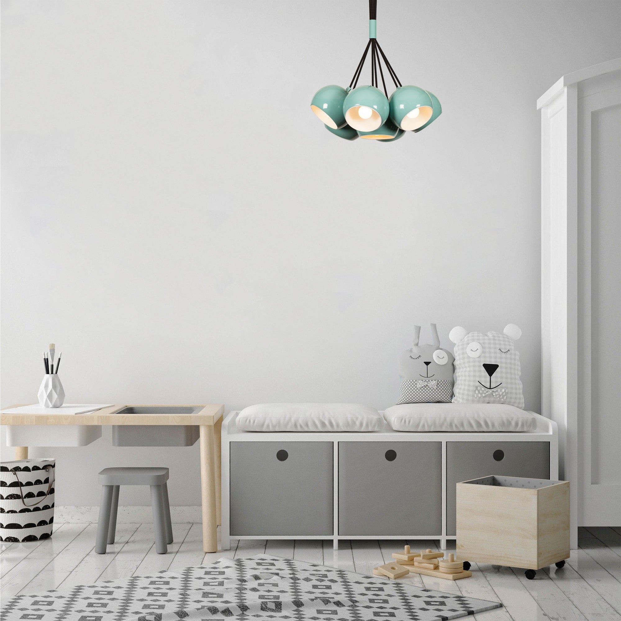 Candeeiro de Teto moderno turquesa e branco, 45 cm de diâmetro, altura ajustável, corpo de metal, 7 soquetes E27, design escandinavo | Iluminação elegante para casa