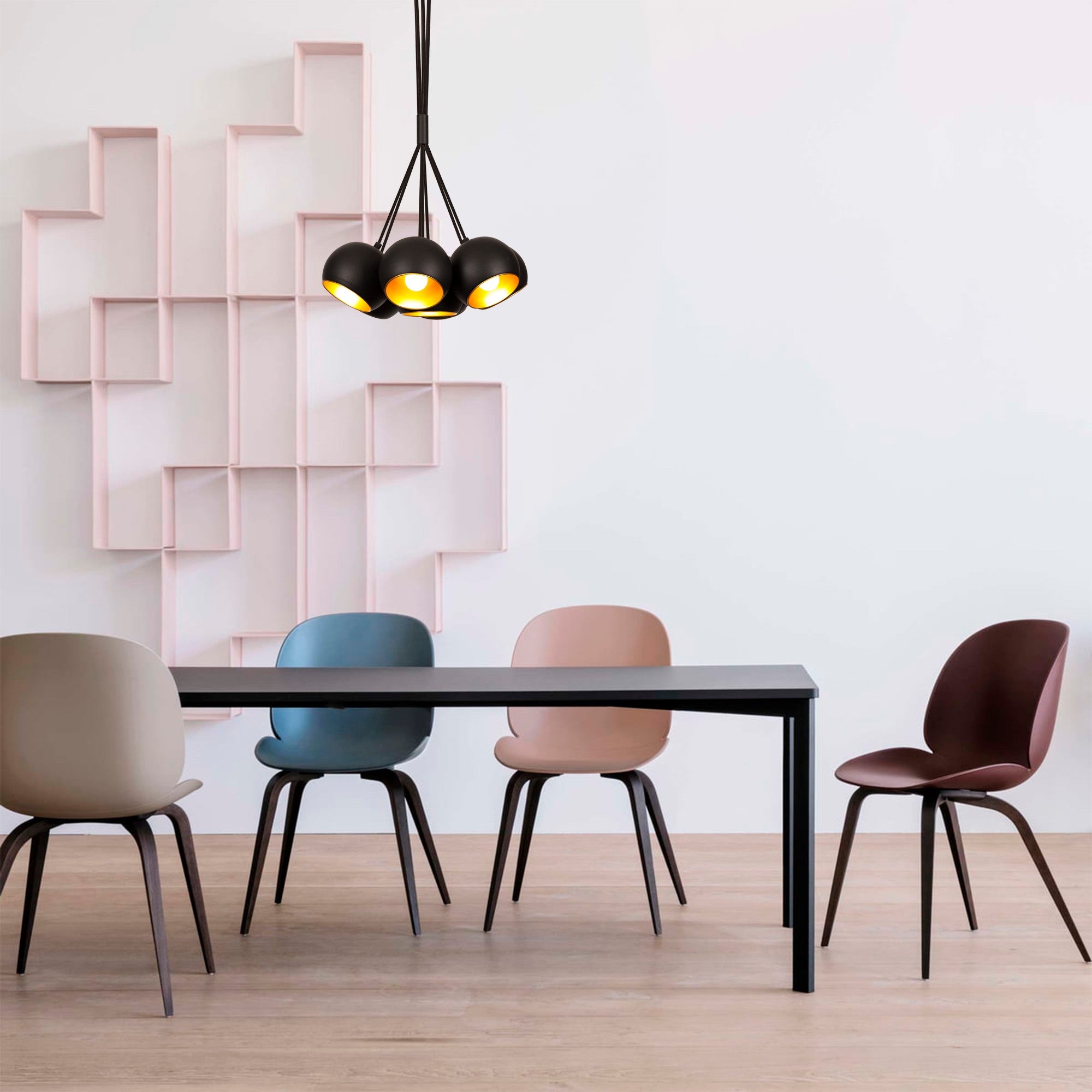 Candeeiro de Teto moderno preto e dourado, 45 cm de diâmetro, altura ajustável, corpo de metal, 7 soquetes E27, design industrial elegante para casa e escritório