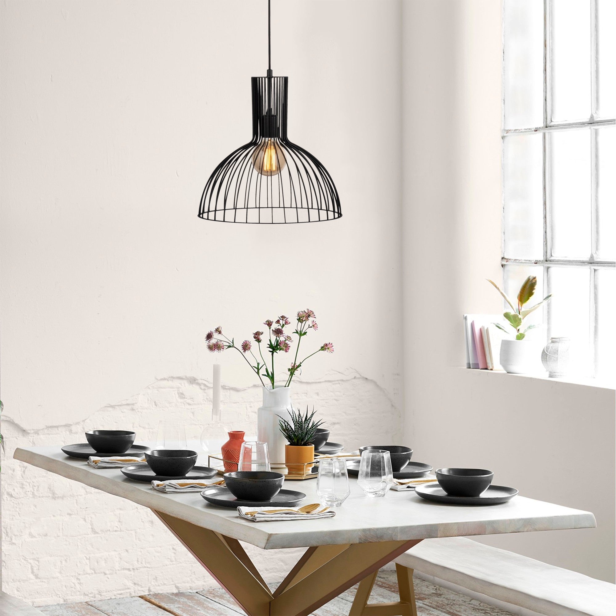 Candeeiro de Teto Preto Moderno, Corpo em Metal, 38 cm de Diâmetro, 136 cm de Altura, Ajustável, Soquete E27, IP20 | Design Industrial Elegante para Casa e Escritório