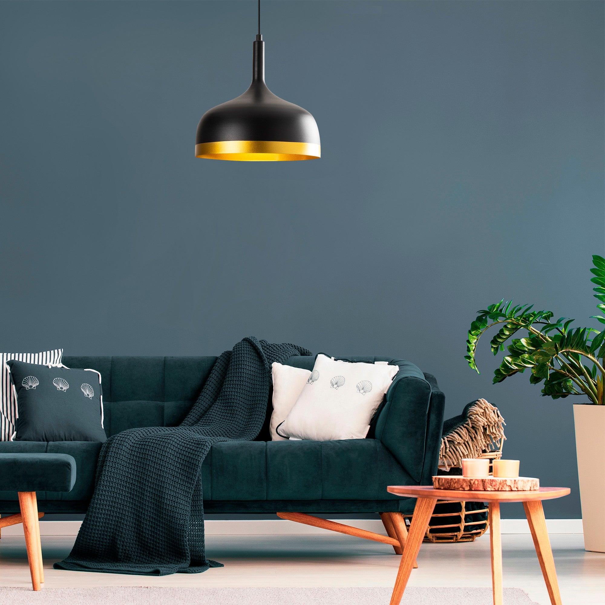 Candeeiro de Teto elegante preto e dourado, 30 cm de diâmetro, 128 cm de altura | Corpo de metal, soquete E27, design escandinavo moderno | Perfeito para decoração glamorosa