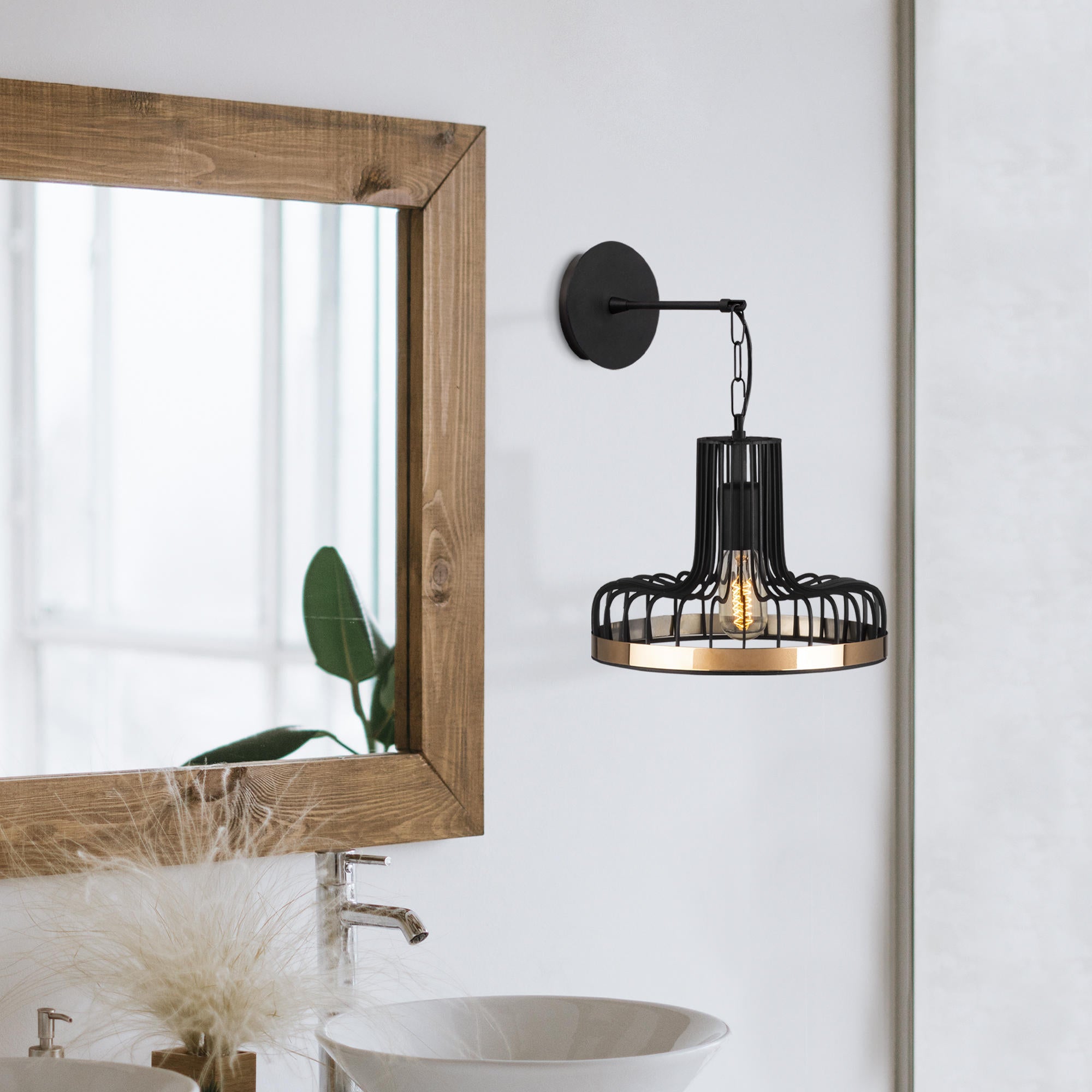 Candeeiro de Parede Elegante, Preta e Cobre, 20 x 25 cm, Altura: 32 cm | Corpo de Metal, Soquete E27, Máx. 40 W | Iluminação Elegante para Decoração Moderna