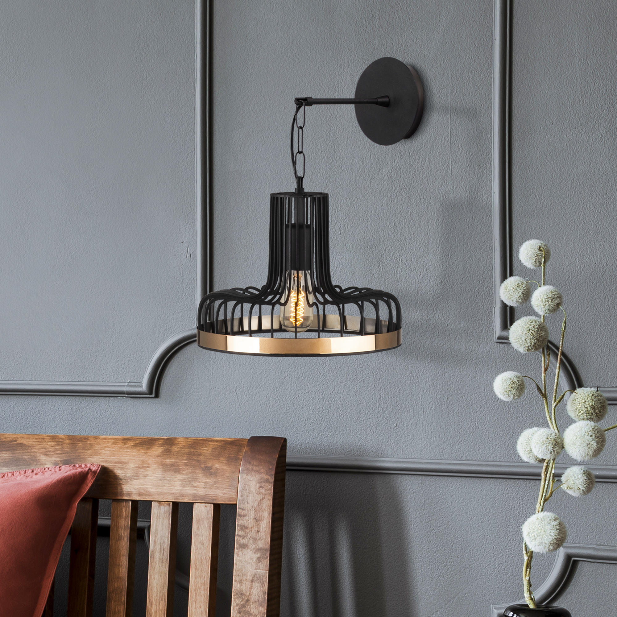 Candeeiro de Parede Elegante, Preta e Cobre, 20 x 25 cm, Altura: 32 cm | Corpo de Metal, Soquete E27, Máx. 40 W | Iluminação Elegante para Decoração Moderna