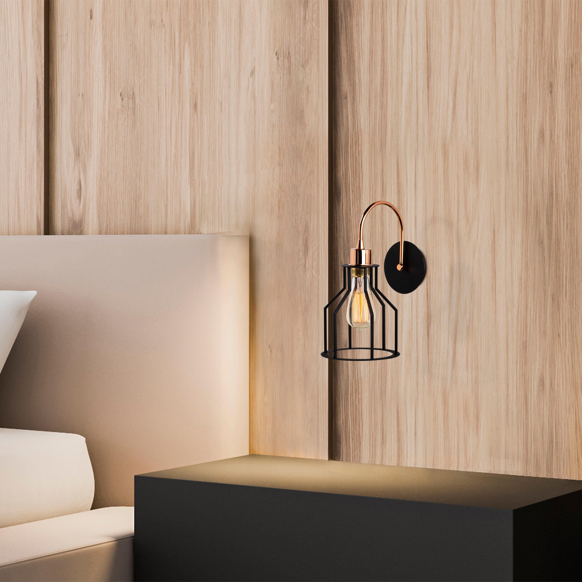 Candeeiro de Parede Industrial, Preta e Cobre, 17 x 25 cm | Corpo em Metal, Soquete E27, Máx. 40 W | Iluminação Elegante para Decoração Moderna de Casa e Escritório, IP20
