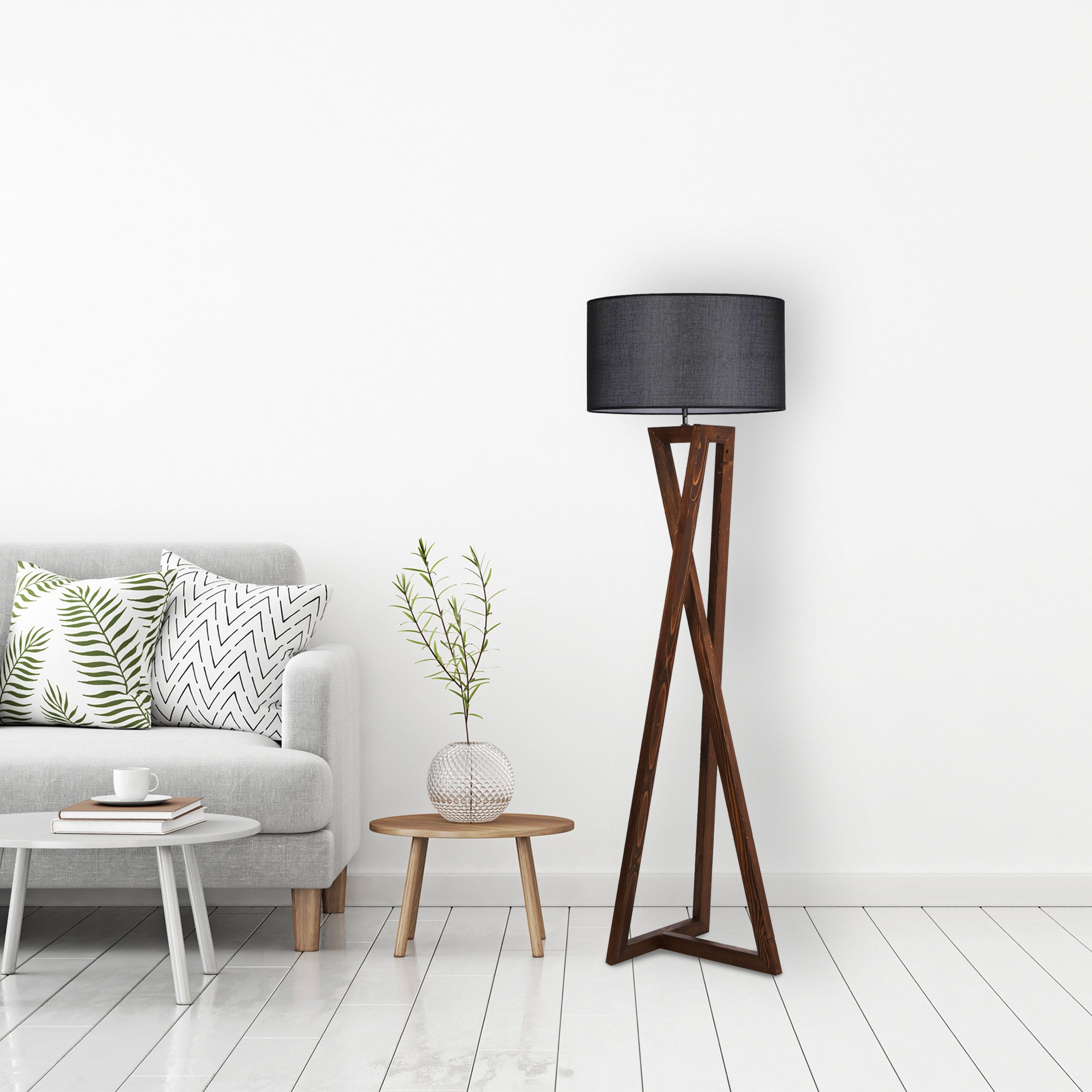 Candeeiro de Pé – 150 cm de Altura – Preto e Nogueira – Madeira
