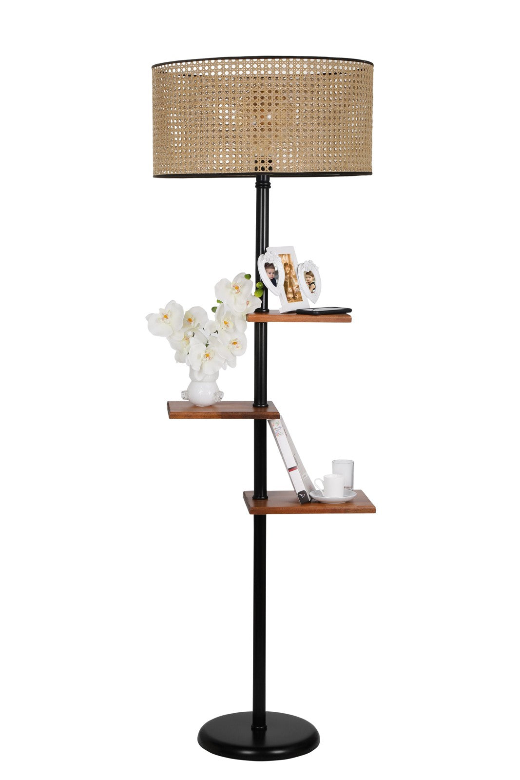 Candeeiro de Pé – 170 cm – Preto e Marrom – Metal e Madeira