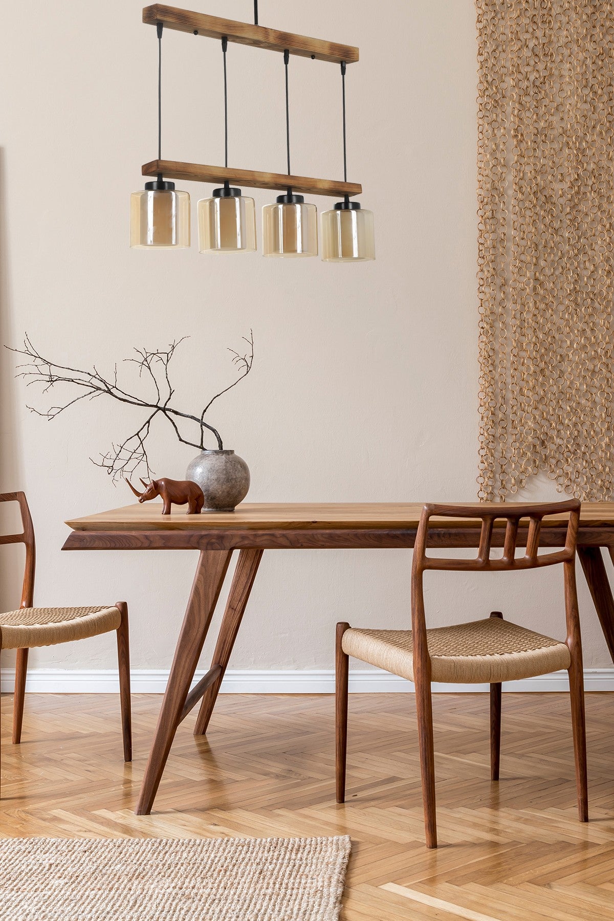 Candeeiro de Teto – 15 cm de diâmetro, 80 cm de altura, Vintage – Madeira e vidro