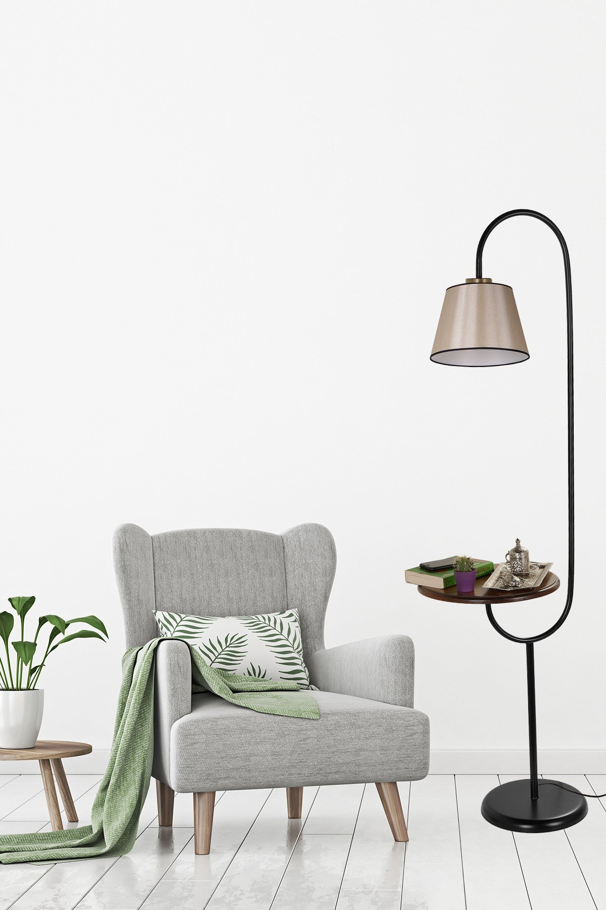Candeeiro de Pé - 160 cm - Bege Escuro - Metal e Tecido