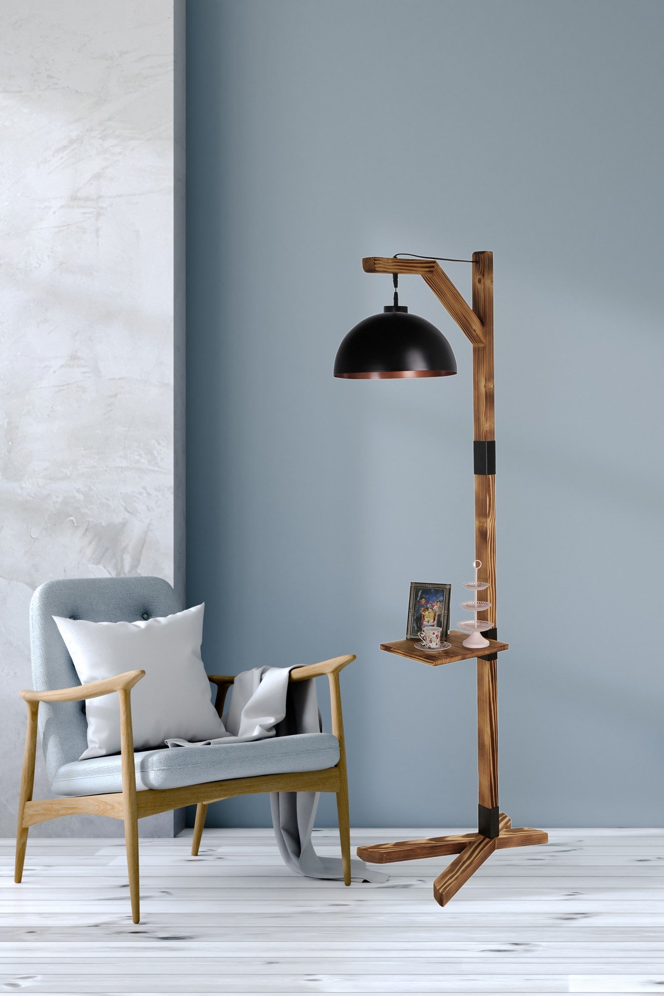 Candeeiro de Pé – 185 cm – Preto – Madeira e Metal