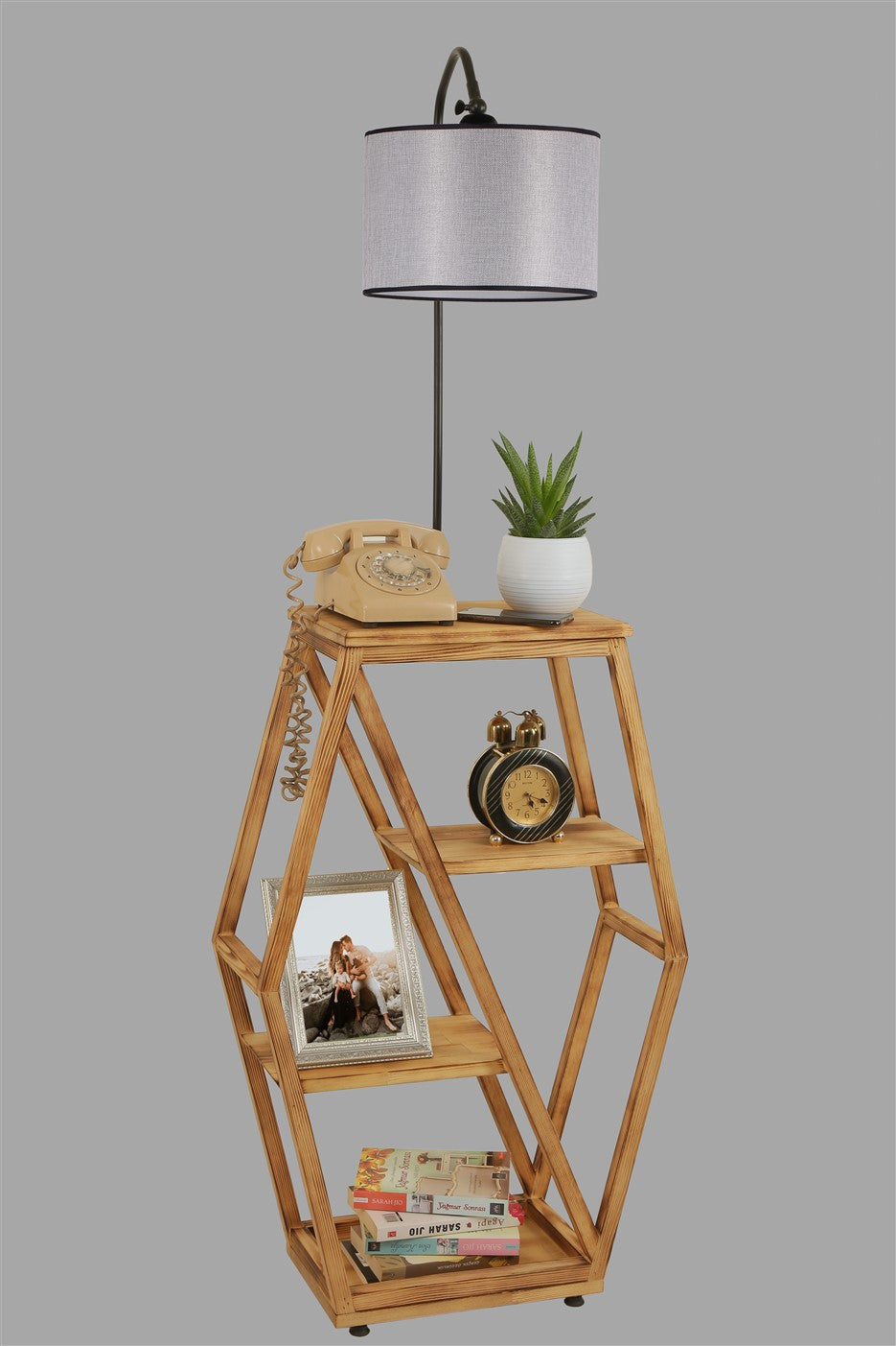 Candeeiro de Pé – 165 cm – Cinza Claro – Metal e Madeira de Fir