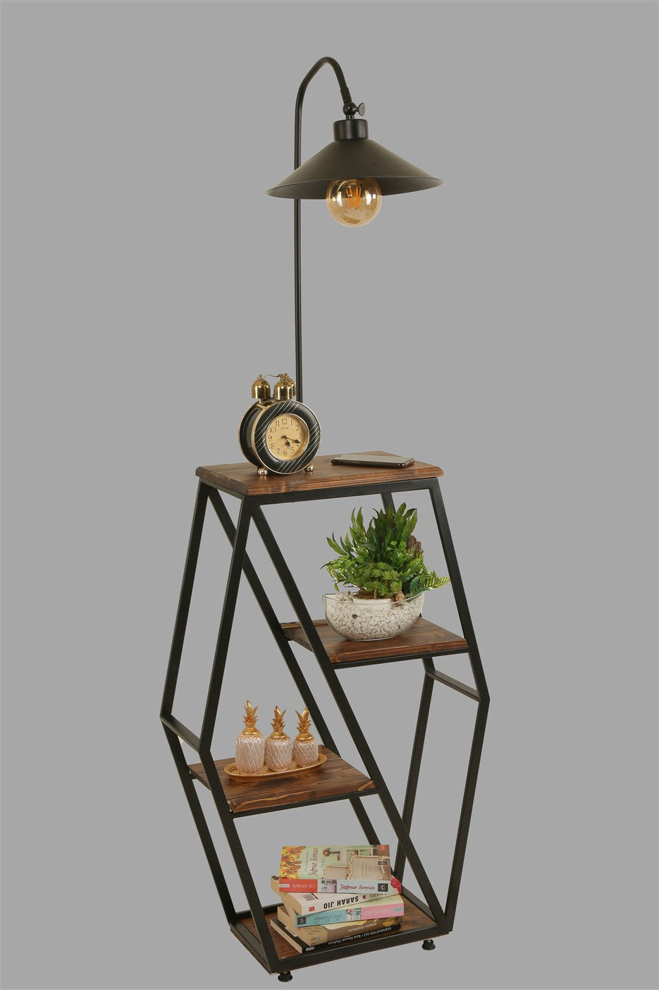 Candeeiro de Pé – 165 cm – Cor de Noz – Metal e Madeira Fir