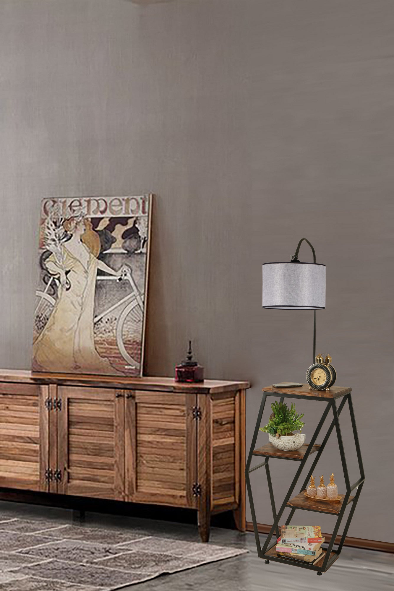 Candeeiro de Pé – 165 cm – Cinza Claro – Metal com suporte de madeira de fir