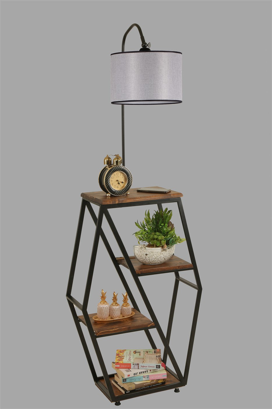 Candeeiro de Pé – 165 cm – Cinza Claro – Metal com suporte de madeira de fir