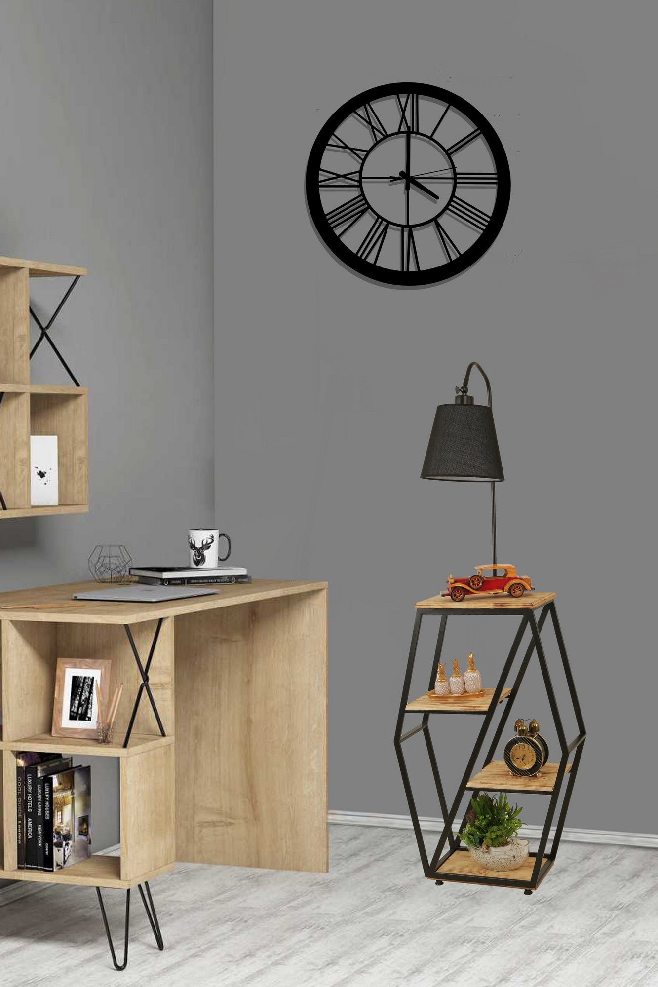 Candeeiro de Pé – 165 cm – Preto – Metal e madeira de fir