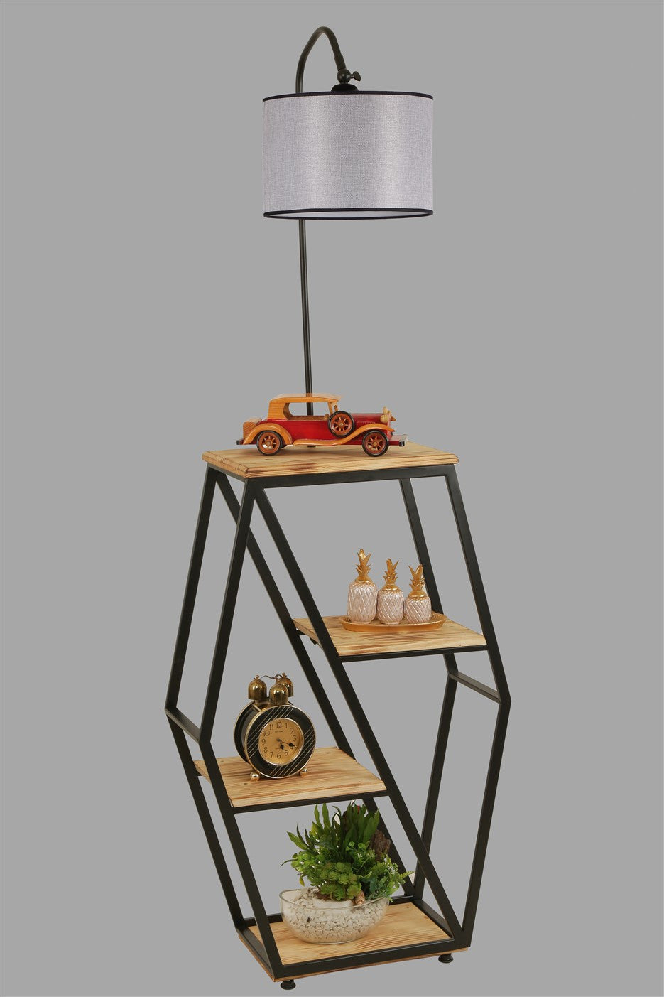 Candeeiro de Pé – 38 x 25 cm – Cinza Claro – Metal e Madeira