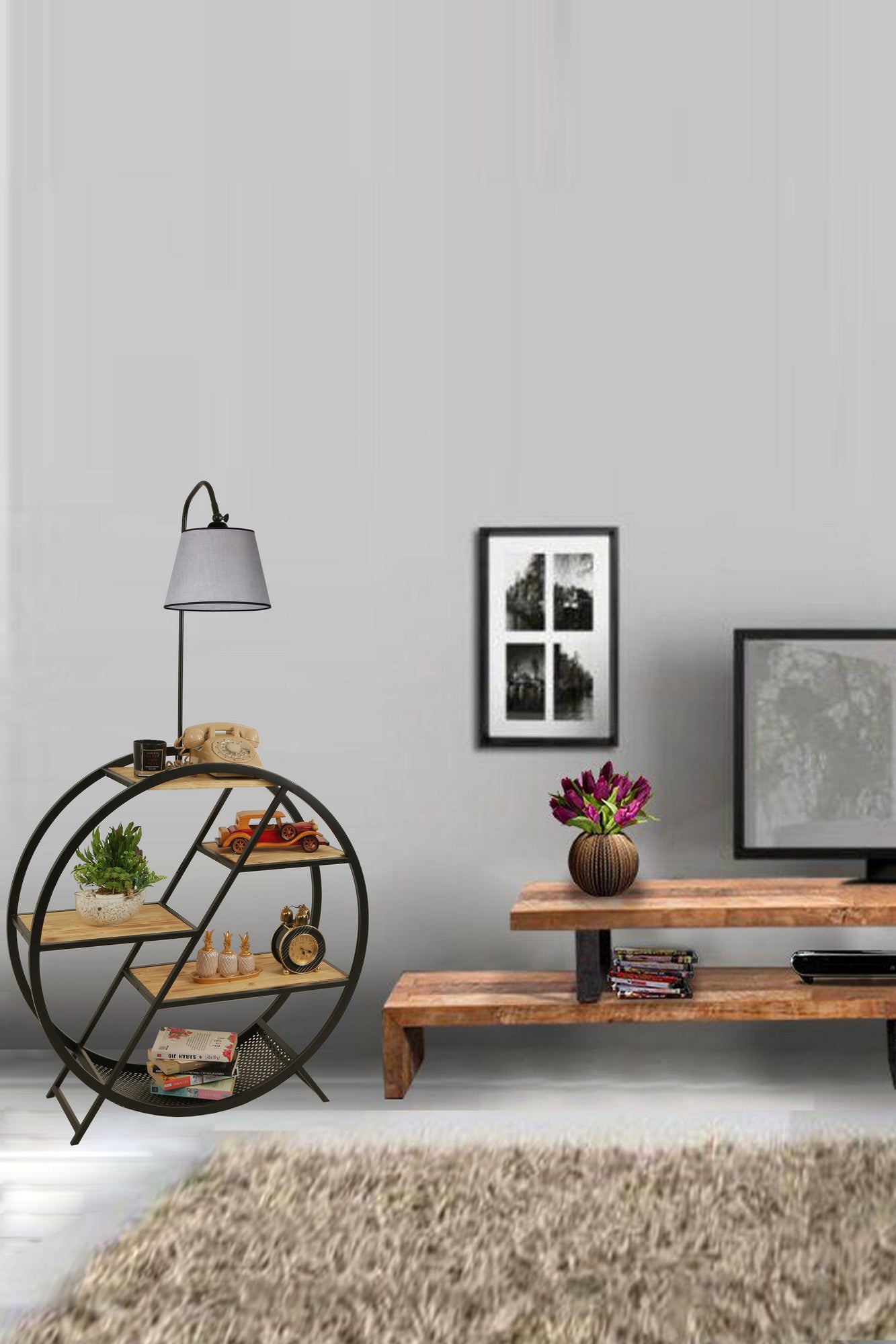 Candeeiro de Pé – 165 cm – Cinza Claro – Metal e Madeira