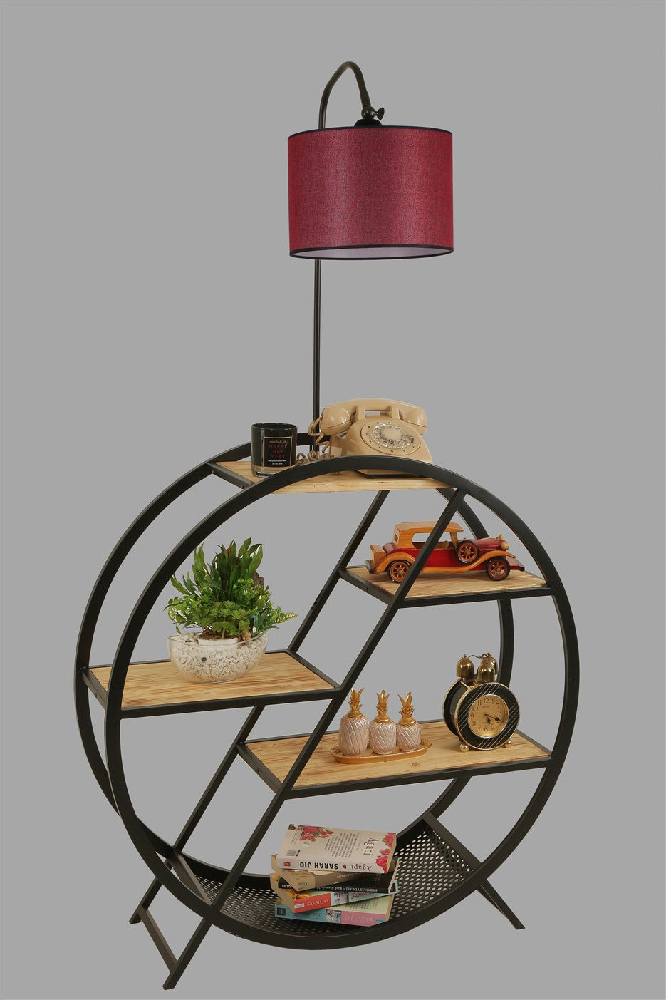 Candeeiro de Pé – 165 cm – Vermelho Bordeaux – Metal e Madeira de Fir
