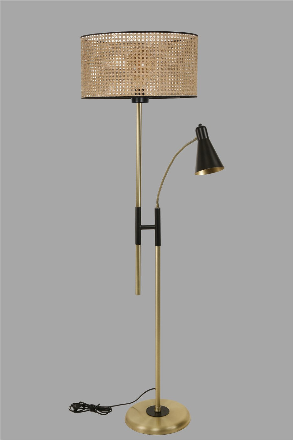 Candeeiro de Pé – 165 cm – Preto e Vime – Metal e Tecido