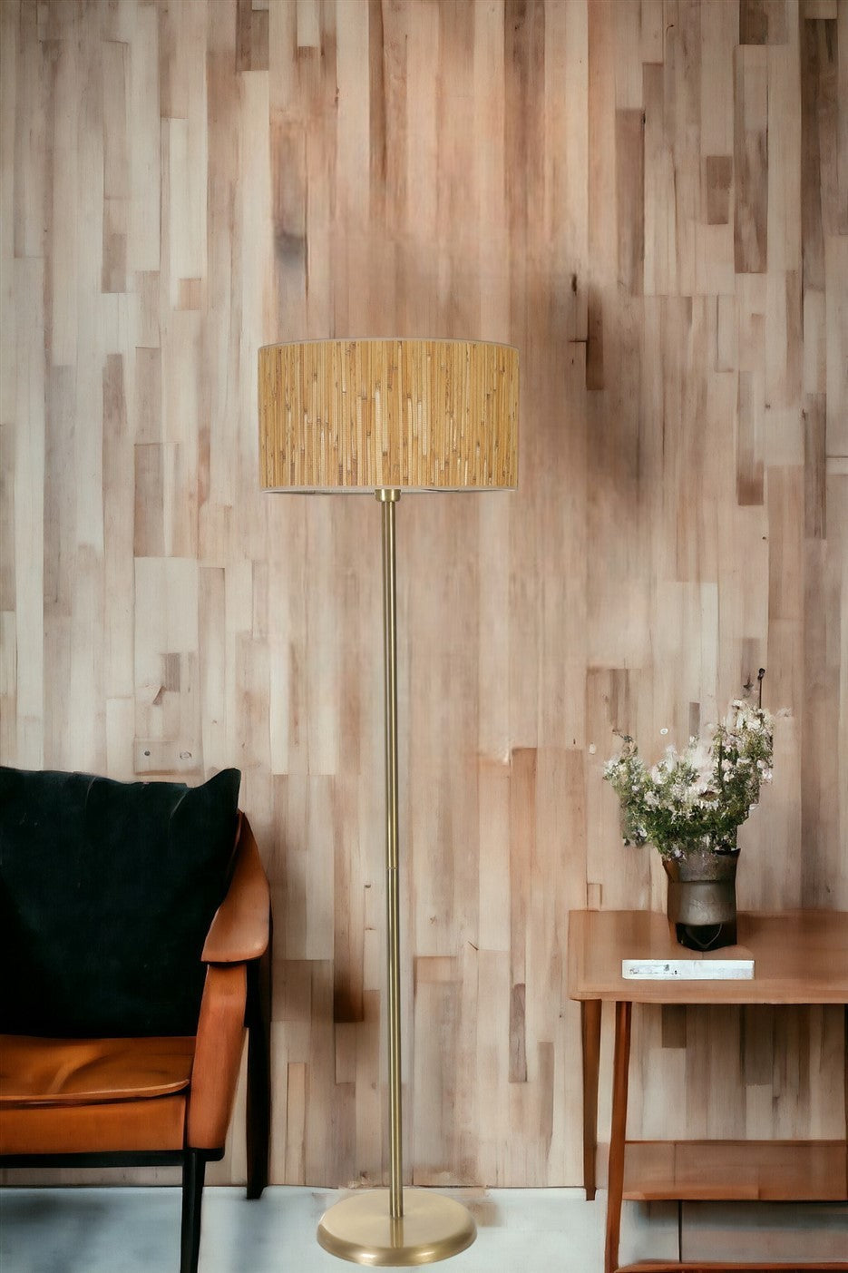 Candeeiro de Pé – 162 cm – Carvalho e Ouro – Metal e Bambu