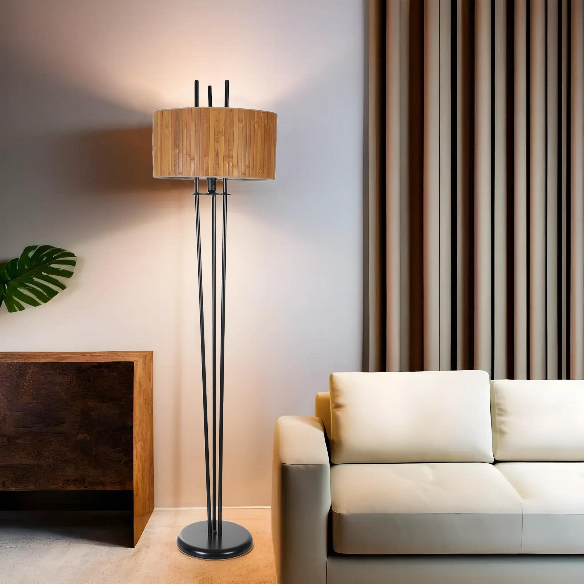 Candeeiro de Pé – 165 cm – Preto e Carvalho – Metal com Bambu