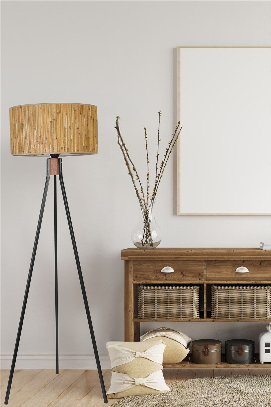 Candeeiro de Pé – 155 cm – Carvalho e Preto – Metal e Madeira