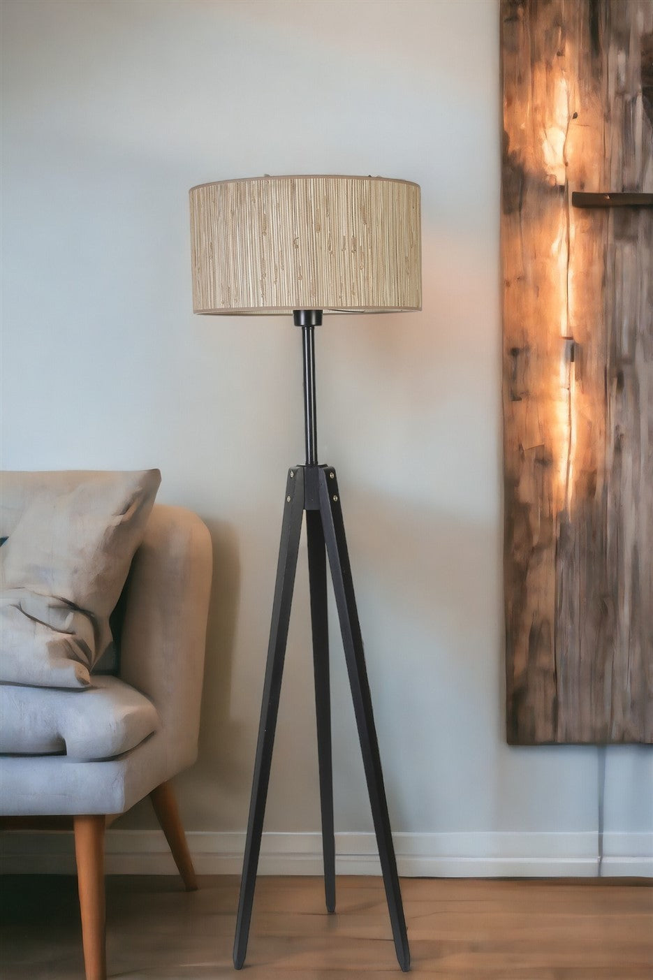 Candeeiro de Pé – 155 cm – Carvalho e Preto – Metal e Madeira