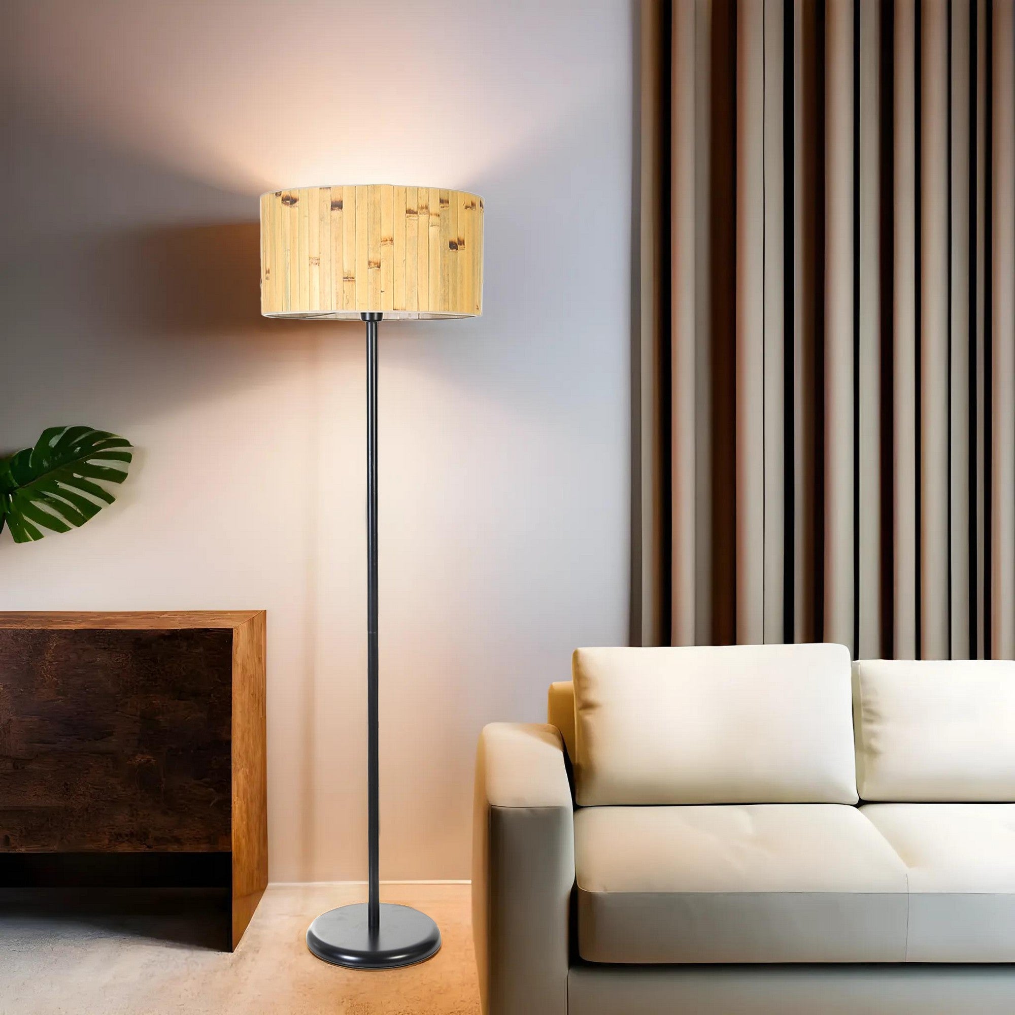 Candeeiro de Pé – 162 cm – Preto e Carvalho – Metal e Bambu
