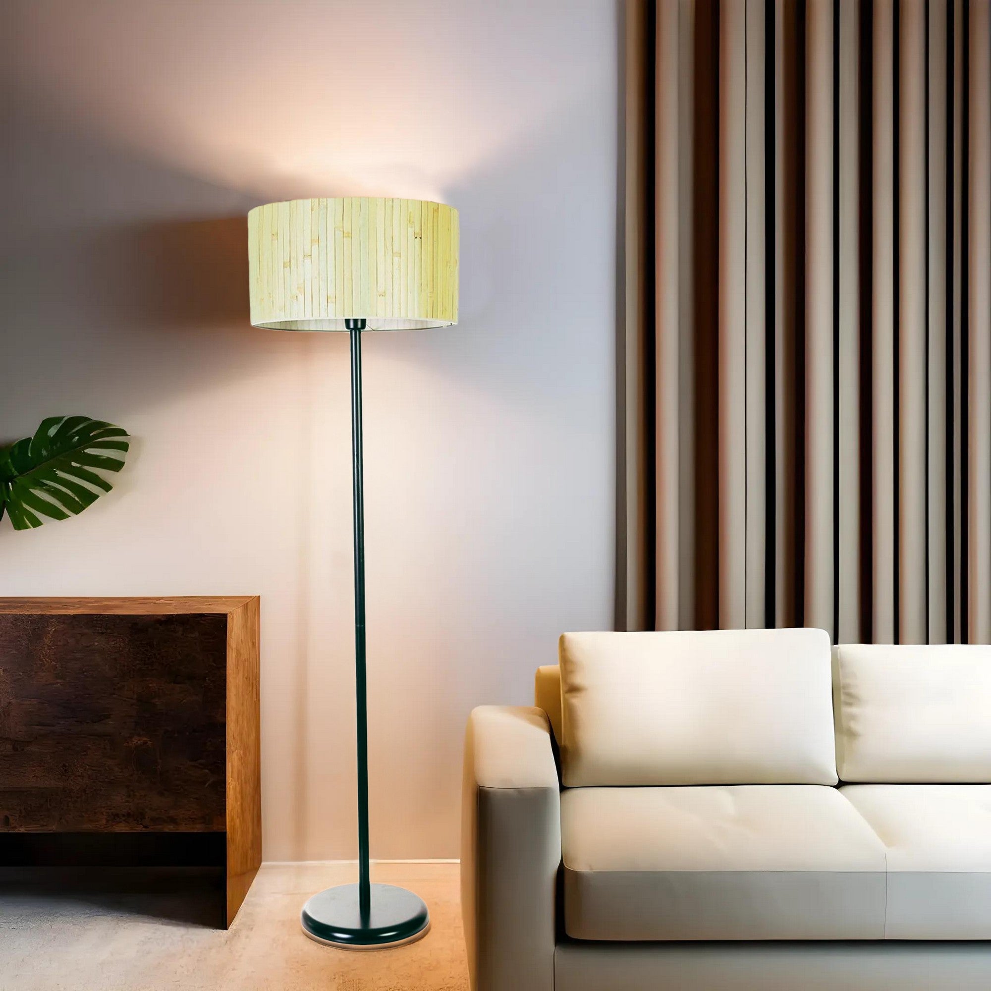 Candeeiro de Pé – 162 cm – Preto e Carvalho – Metal e Bambu