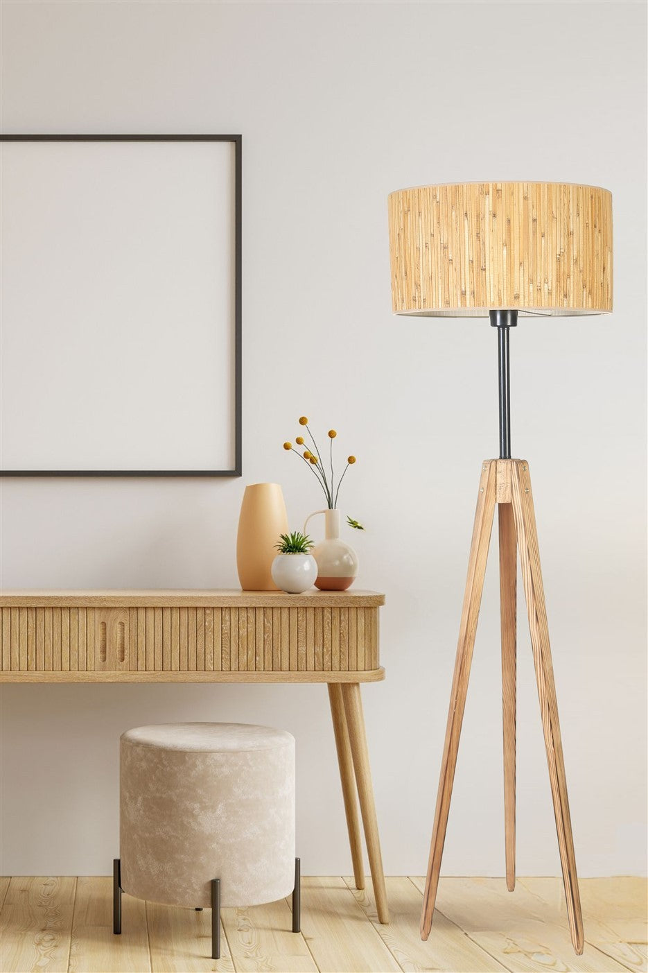 Candeeiro de Pé – 155 cm – Carvalho e Preto – Madeira e Metal