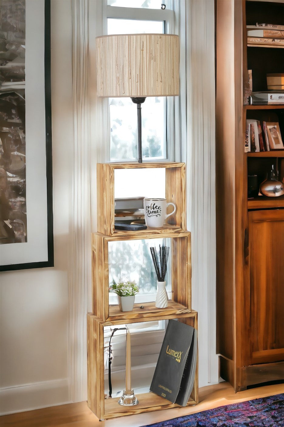 Candeeiro de Pé – 140 cm – Preto, Creme – Metal e Madeira