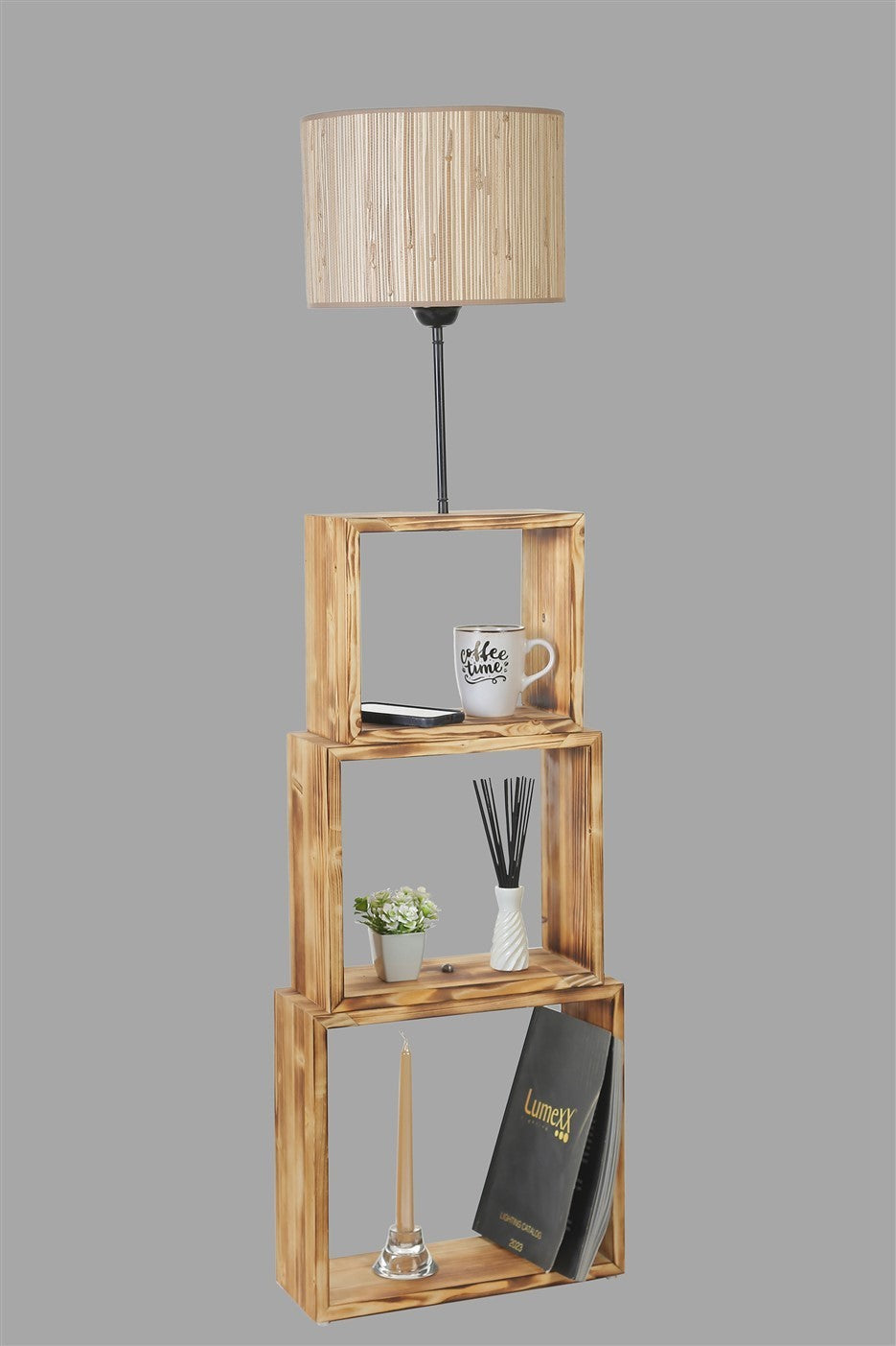 Candeeiro de Pé – 140 cm – Preto, Creme – Metal e Madeira