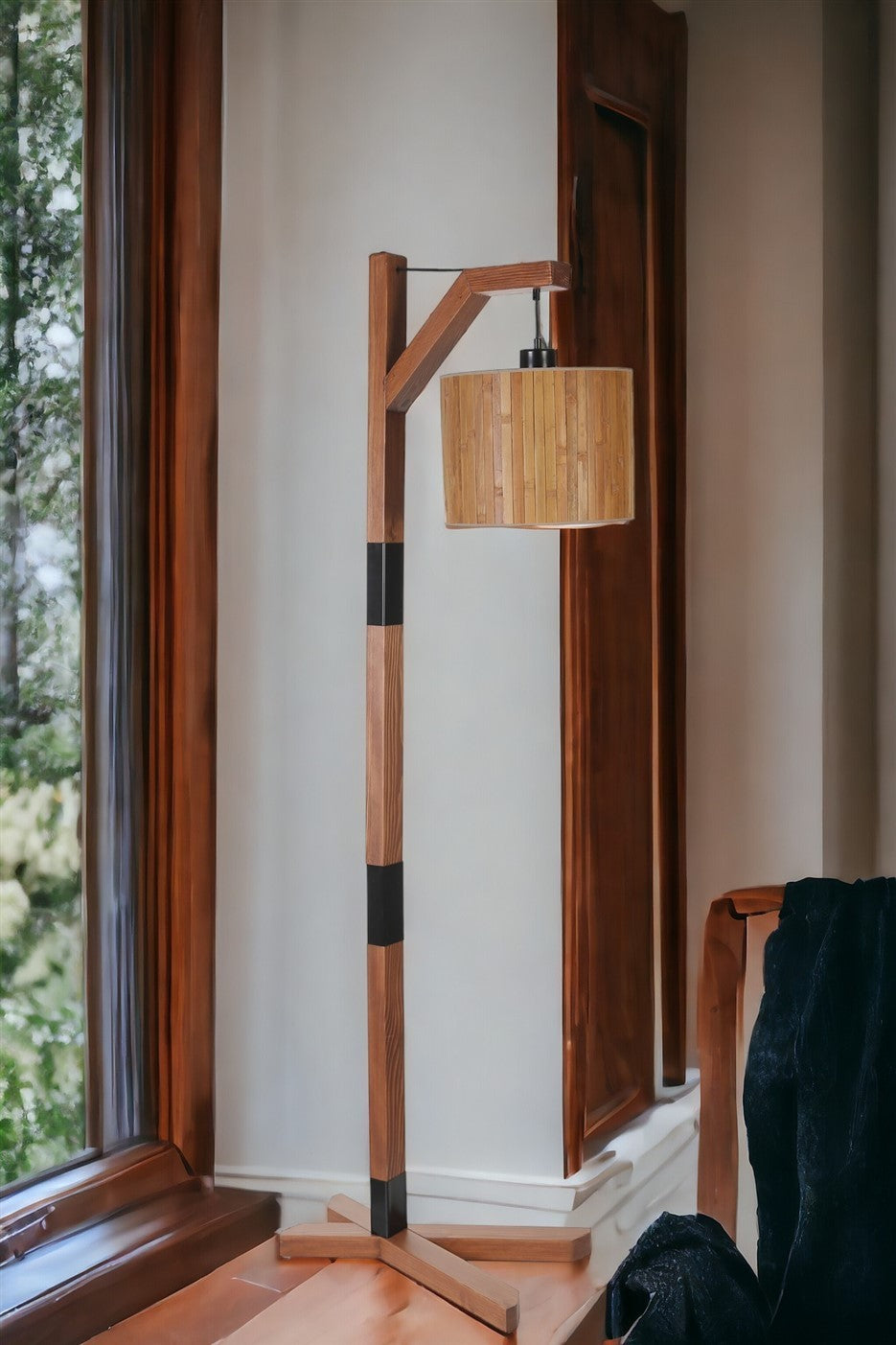 Candeeiro de Pé – 175 cm – Madeira, Nogueira, Preto – Metal