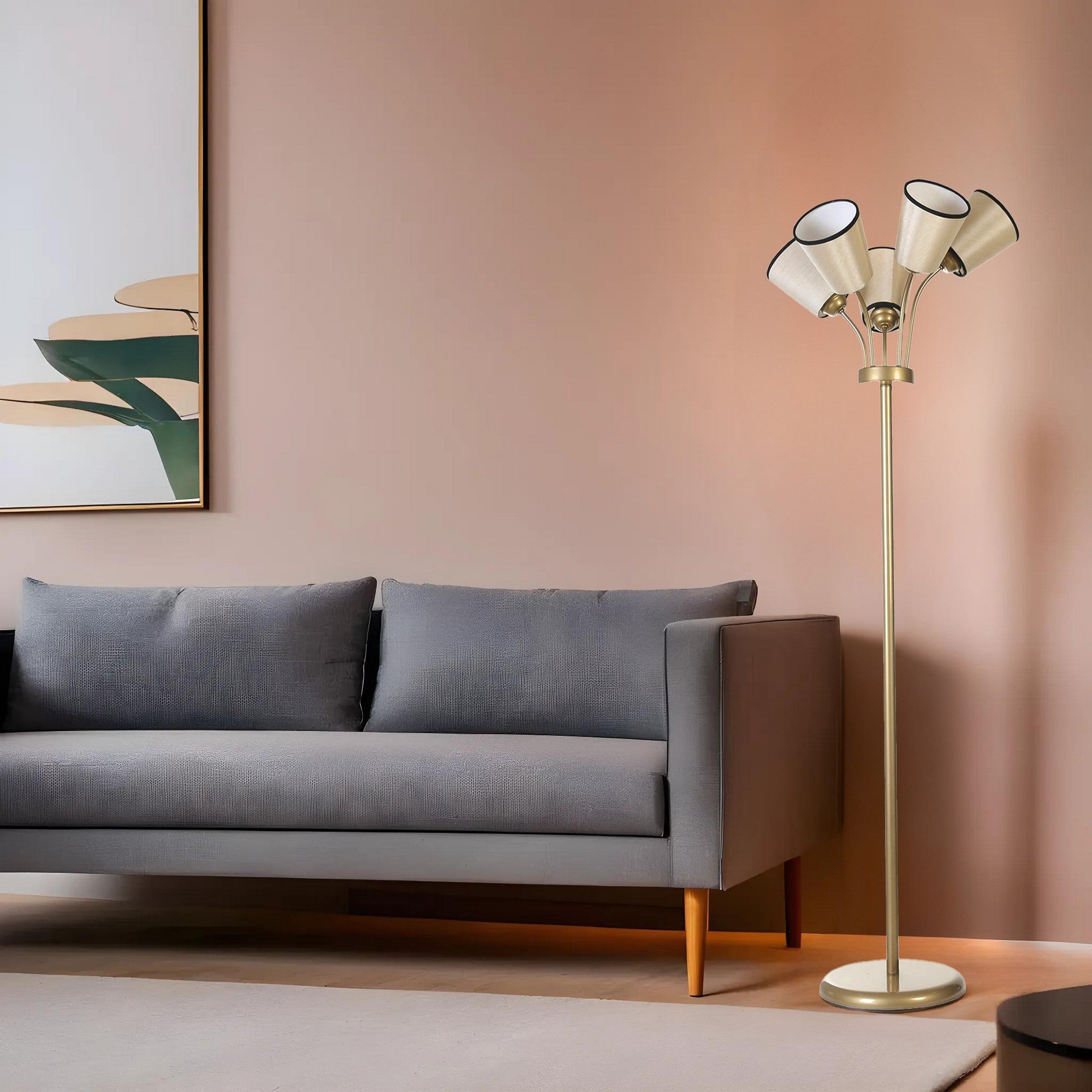 Candeeiro de Pé – 165 cm – Creme e Dourado – Metal e Tecido