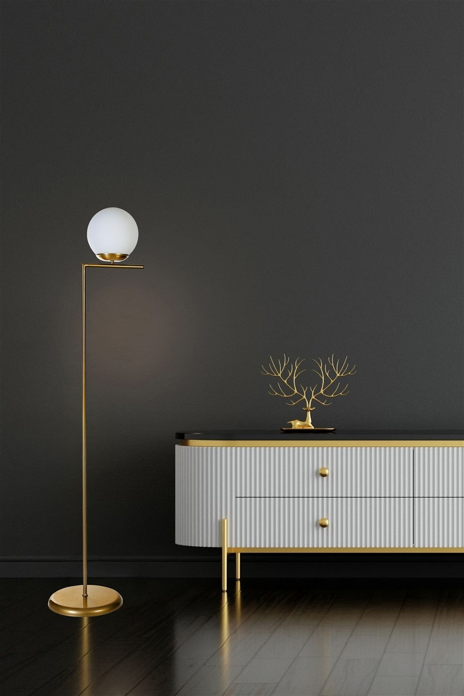Candeeiro de Pé – 155 cm – Dourado e Branco – Metal e Vidro