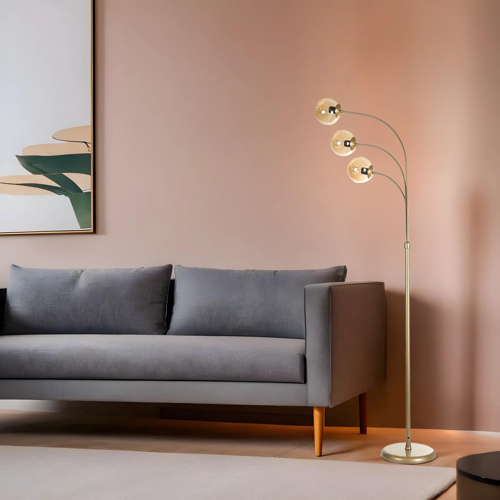 Candeeiro de Pé – 170 cm – Âmbar e Dourado – Metal e Vidro