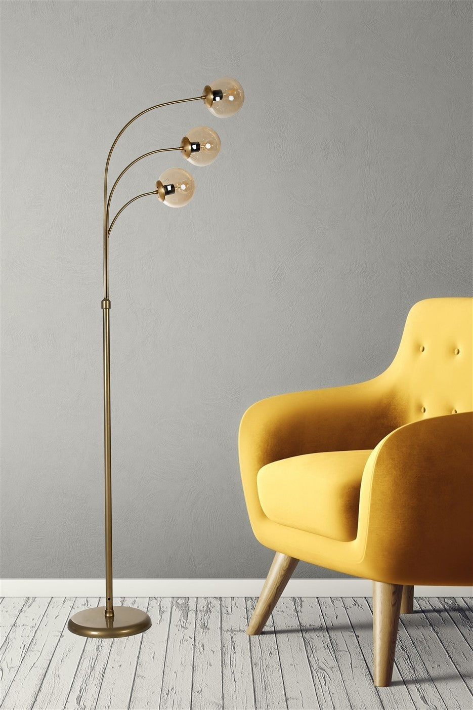 Candeeiro de Pé – 170 cm – Âmbar e Dourado – Metal e Vidro