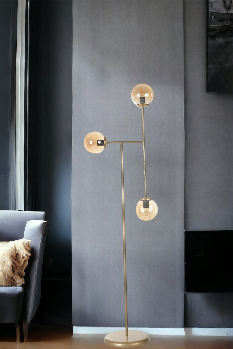 Candeeiro de Pé – 45 cm x 168 cm – Âmbar e Dourado – Metal e Vidro