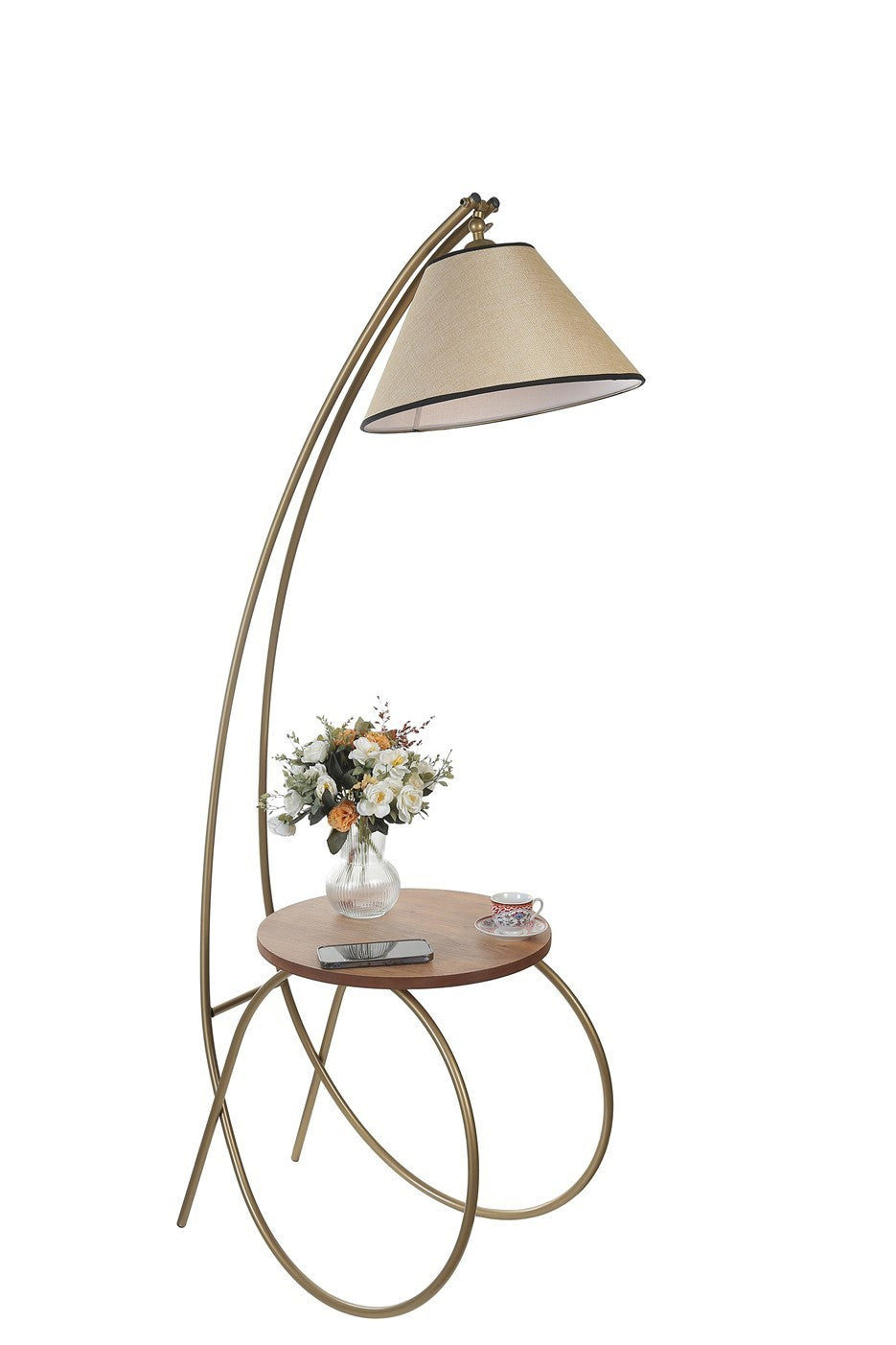 Candeeiro de Pé – 165 cm – Dourado e Noz – Metal e tecido