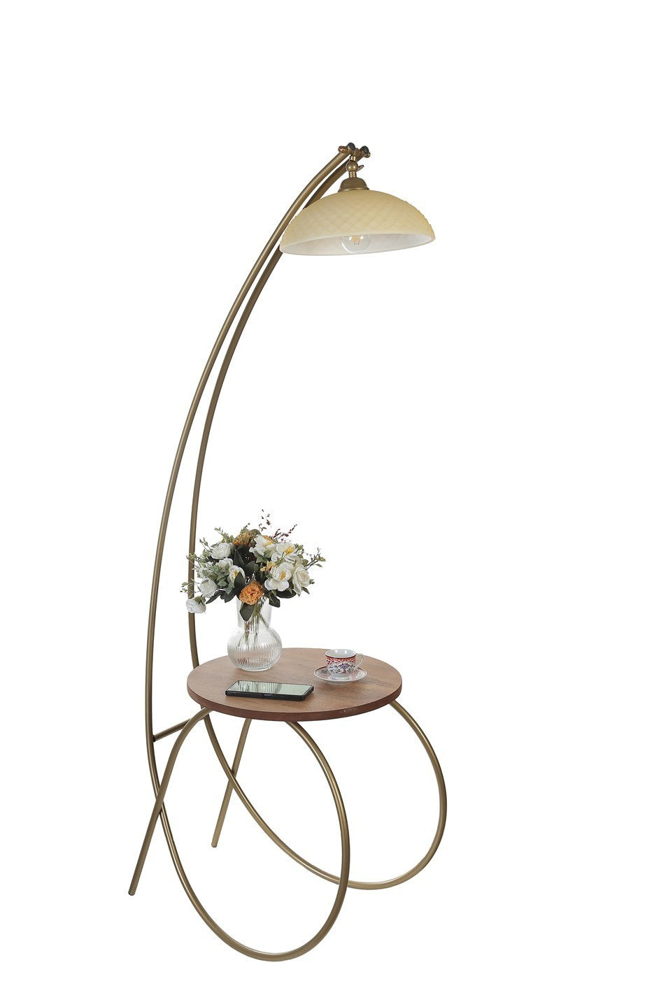 Candeeiro de Pé – 165 cm – Dourado, Nogueira – Metal e Vidro