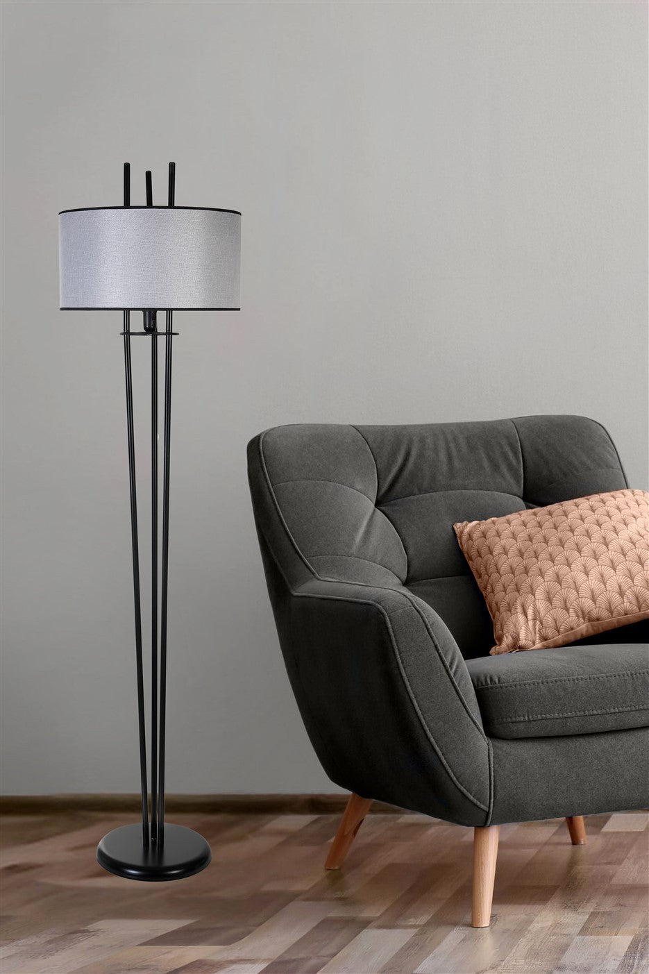 Candeeiro de Pé – 165 cm – Preto e Cinza – Metal e Tecido