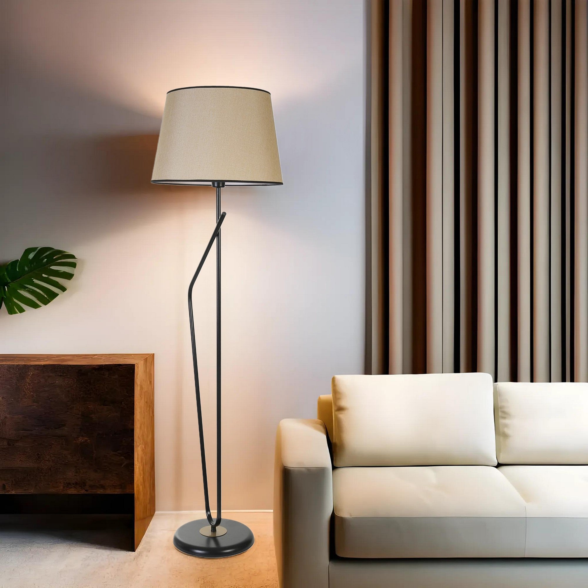 Candeeiro de Pé – 160 cm – Creme e Preto – Metal com Tecido