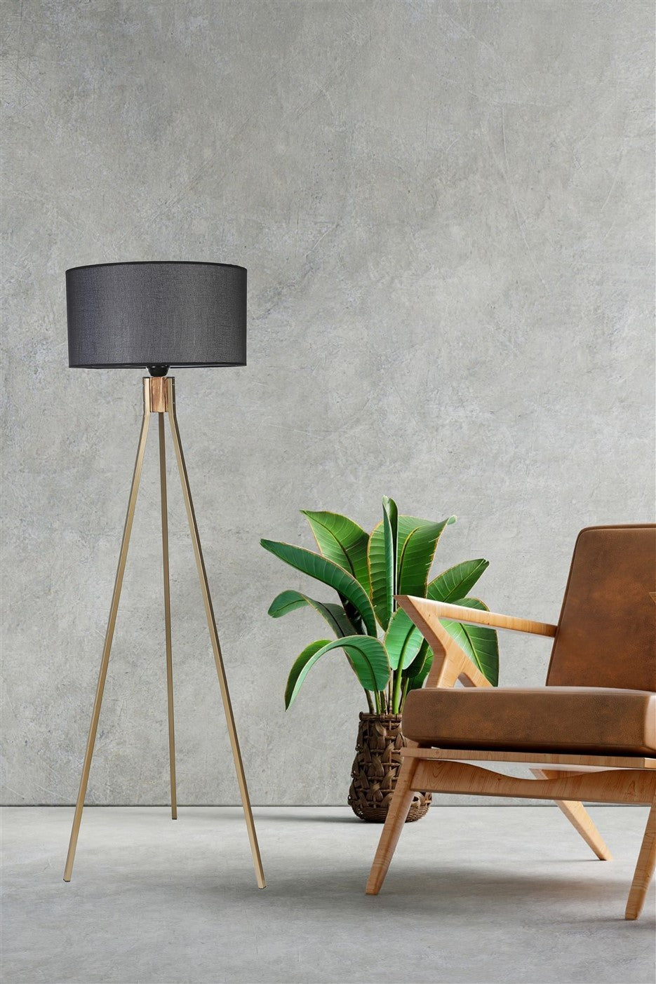 Candeeiro de Pé – 155 cm – Preto e Dourado – Metálico e Tecido