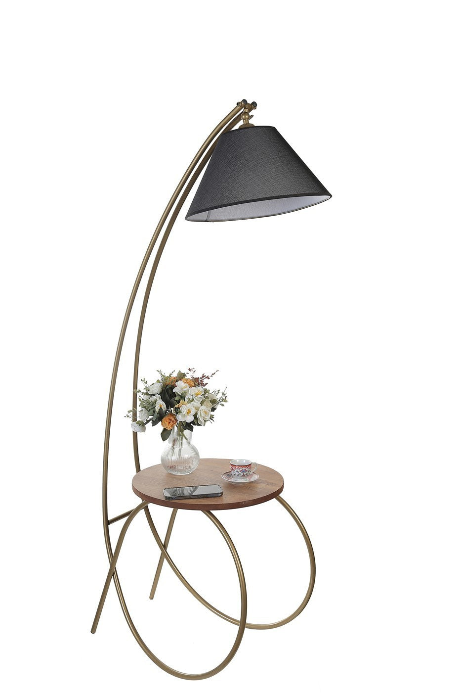 Candeeiro de Pé – 64x35 cm – Nogueira, Preto, Dourado – Metal