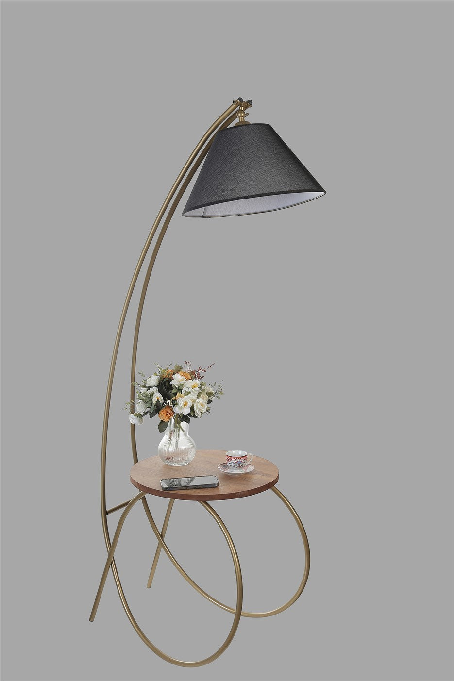 Candeeiro de Pé – 64x35 cm – Nogueira, Preto, Dourado – Metal