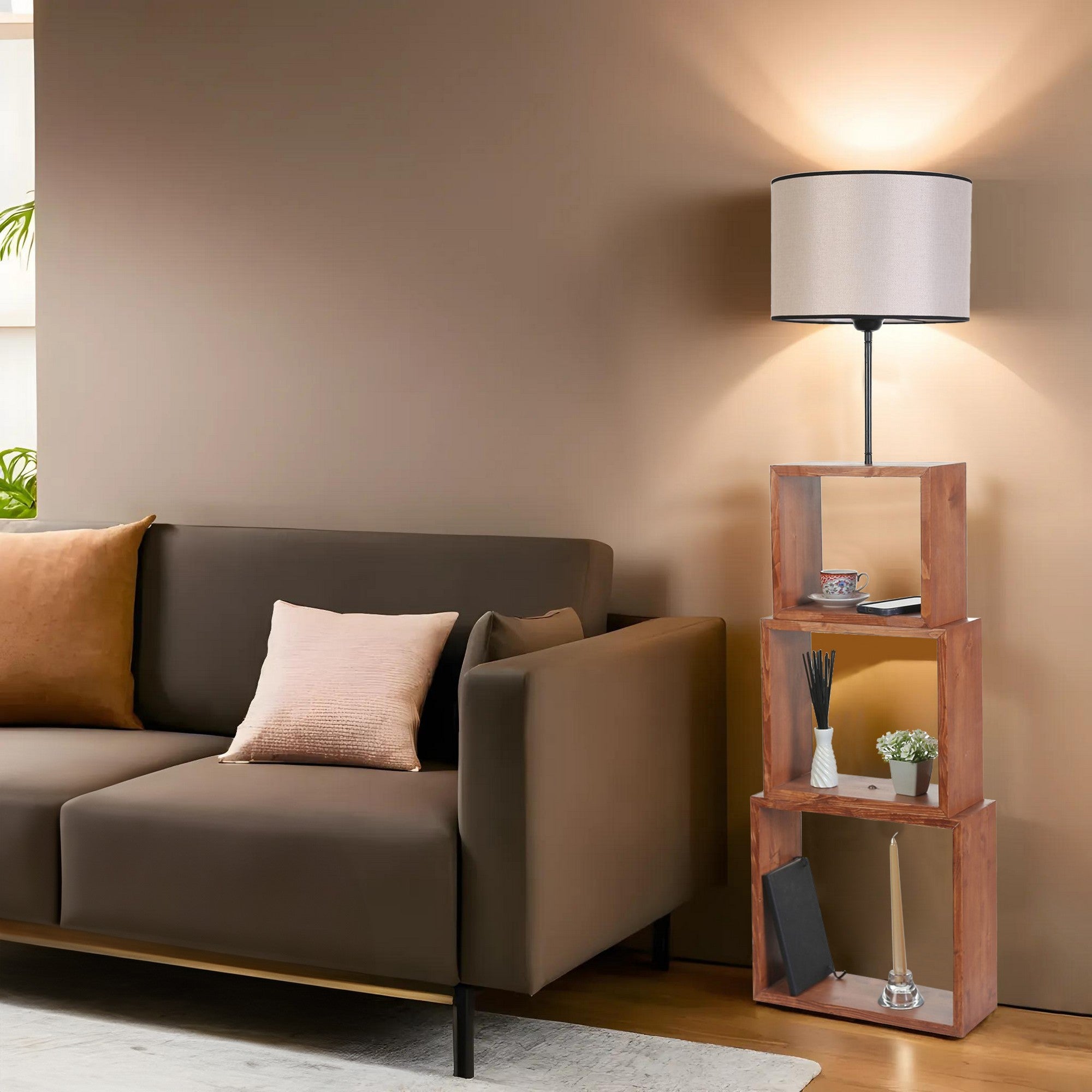 Candeeiro de Pé – 140 cm – Noz e Creme – Metal ou Madeira