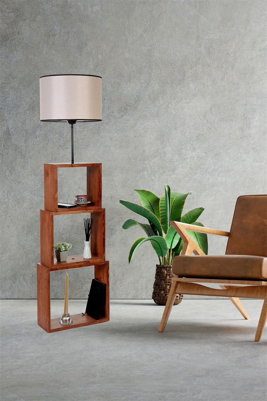 Candeeiro de Pé – 140 cm – Noz e Creme – Metal ou Madeira